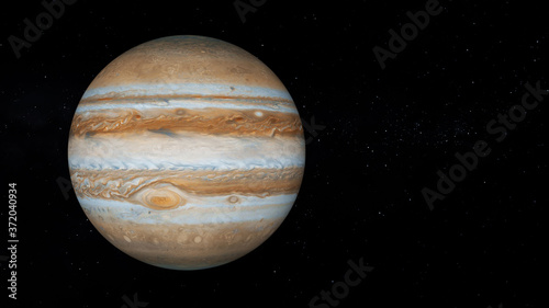 Jupiter with text space on the right. Realistic 3D Jupiter and stars. Jupiter from space.