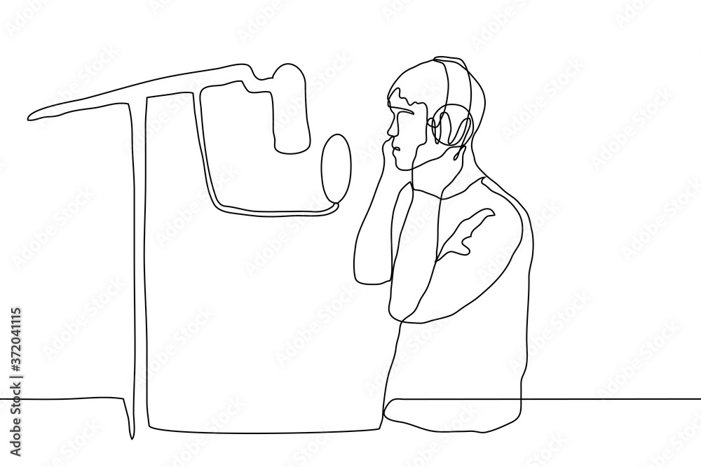 vector illustration man in the process of recording. One continuous line drawing Professional voice recording (voiceover, track recording).
