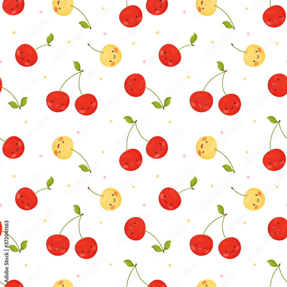 Seamless pattern with cute cherries in cartoon style on white background. Seamless pattern with cute cherries in cartoon style on white background.