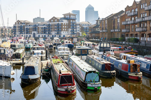 Limehouse Basin marina with Canary Wharf in the background in London photo