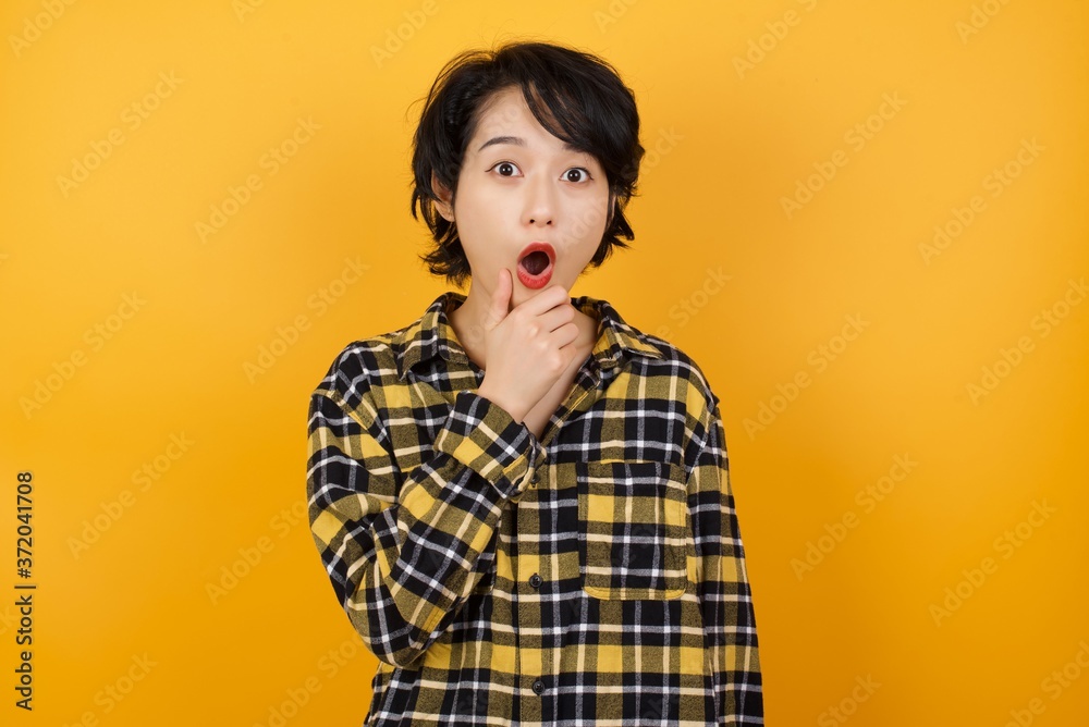 Young beautiful Asian woman wearing plaid shirt over yellow background Looking fascinated with disbelief, surprise and amazed expression with hands on chin Young beautiful Asian woman wearing plaid shirt over yellow background Looking fascinated with disbelief, surprise and amazed expression with hands on chin