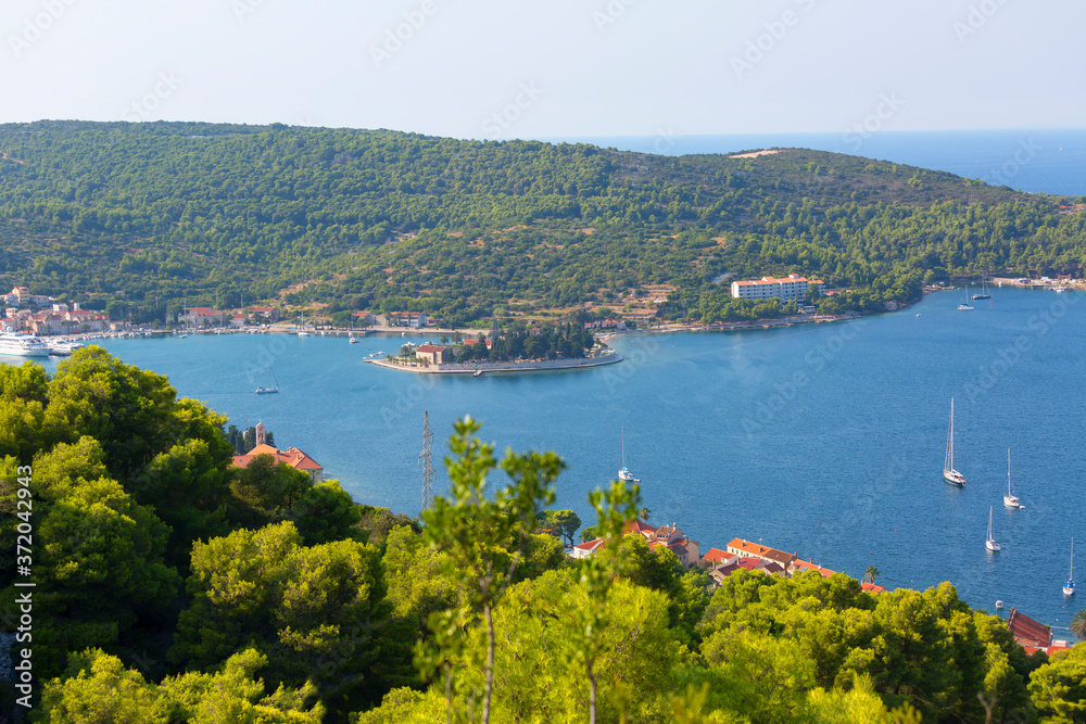 Aerial view on city on the Adriatic Sea, typical Mediterranean architecture, Vis, Vis Island, Croatia