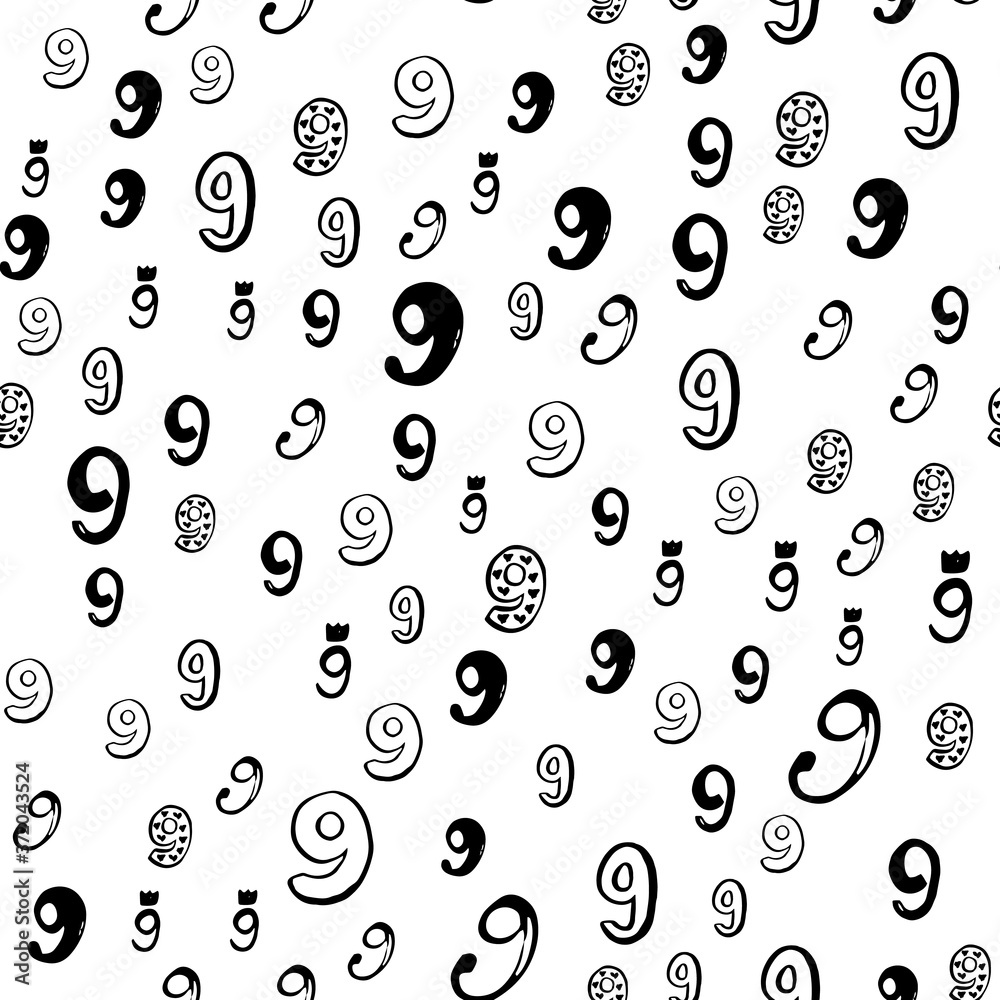 Eight, 9. Vector seamless pattern with hand drawn numbers elements. Memphis geometric outline trendy modern style. 