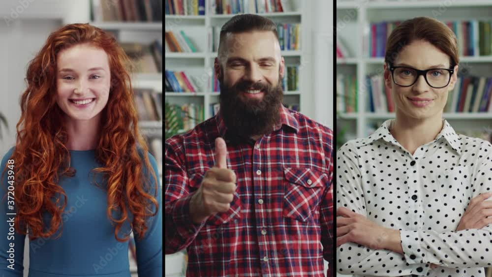 Multiscreen on diverse Caucasian people standing in library. Happy red-haired girl smiling indoor. Handsome bearded man giving thumb up. Beautiful woman in glasses in polka dot blouse Portrait concept Multiscreen on diverse Caucasian people standing in library. Happy red-haired girl smiling indoor. Handsome bearded man giving thumb up. Beautiful woman in glasses in polka dot blouse Portrait concept