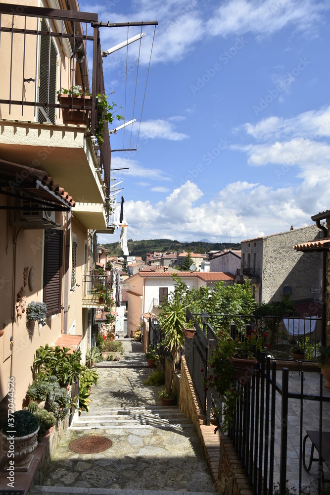 A narrow street among the old houses of Grisolia, a rural village in the Calabria region.