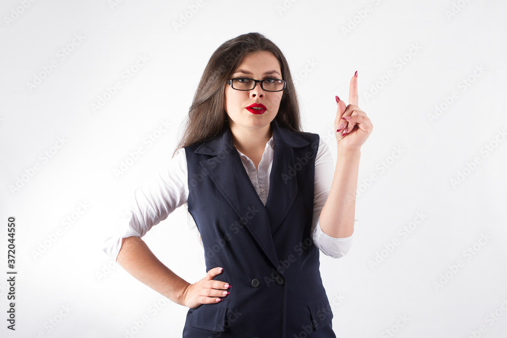 Businesswoman have an idea. Female half-length portrait. Isolated on white.