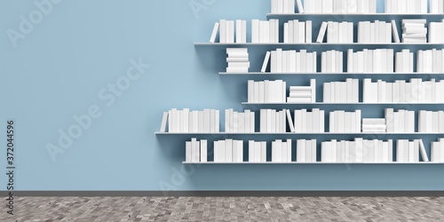 Fototapeta Naklejka Na Ścianę i Meble -  Multiple book shelves with white books on blue wall in room with wooden floor, literature, book collection or bookshop concept