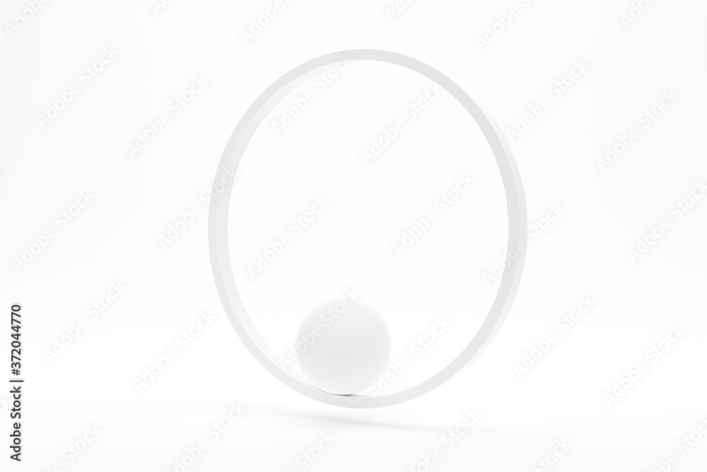 white sphere in equilibrium inside of white ring over white background, stability or accuracy minimal geometry primitive concept white sphere in equilibrium inside of white ring over white background, stability or accuracy minimal geometry primitive concept
