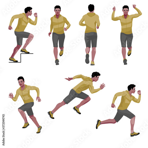 A set of isolated figures of a black running man in warm sports clothes