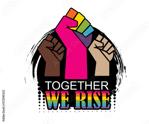 Together we rise. Black and white strong fists rised together concept