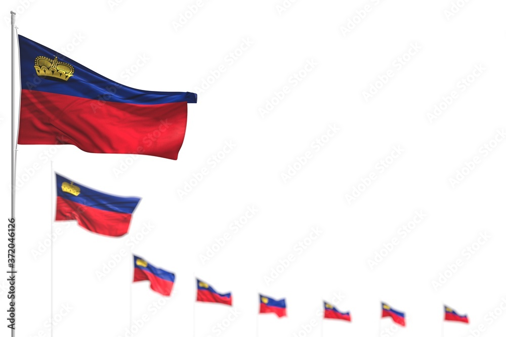 pretty Liechtenstein isolated flags placed diagonal, illustration with soft focus and place for text - any celebration flag 3d illustration..