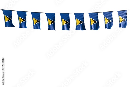 cute any celebration flag 3d illustration. - many Saint Lucia flags or banners hanging on string isolated on white