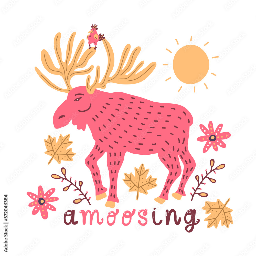 American Cartoon red moose vector for decoration design. Symbol, logo illustration. Funny cartoon character.