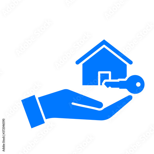 Hand holding house and key. Real Estate Vector Template. Hand Holding House Symbol. Buying a new house. Real estate agent giving a home keys to a buyer