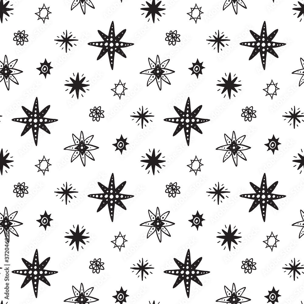 Abstract seamless pattern with Brush Strokes geometric star elements. Beautiful modern texture with chaotic painted shapes. Monochrome background for your design.