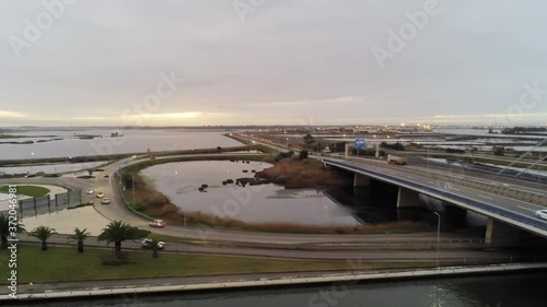 Road in Aveiro, historical village of Portugal. Aerial Drone Footage