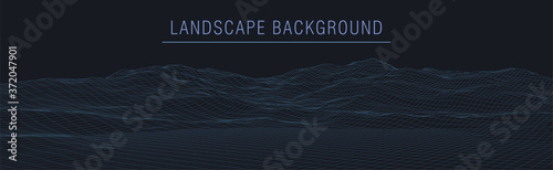Wireframe 3D landscape mountains. Wireframe landscape wire. 3d landscape. Digital retro landscape cyber surface. Vector illustration.