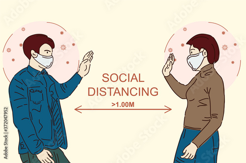 A young girl and a guy greet, observing a social distance of 1 meter. Drawing in a linear style. Tread protection concept.
