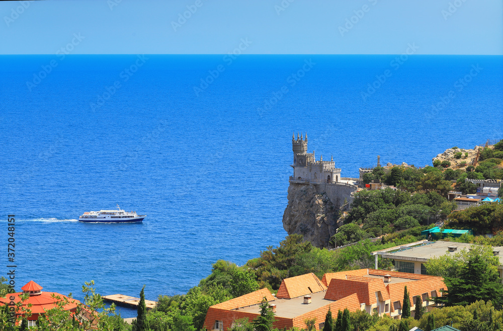 Scenic panoramic view of the Crimea southern coast with the Swallow's Nest castle. Black Sea tourist attraction.