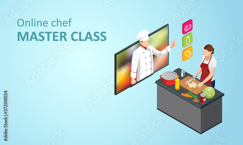 Isometric cooking school blog. Woman chef cooking while streaming online for webinar masterclass lesson at home