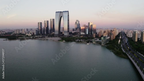 Wallpaper Mural CBD buildings by the lake. Aerial in Suzhou, China. Torontodigital.ca