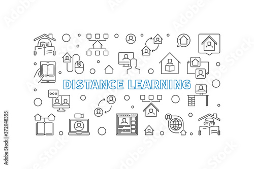 Distance Learning vector concept outline horizontal banner or illustration