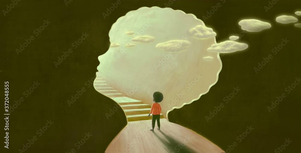 Black lives matter , hope freedom and dream concept ,surreal artwork,  African black boy looking at the light - obrazy, fototapety, plakaty 