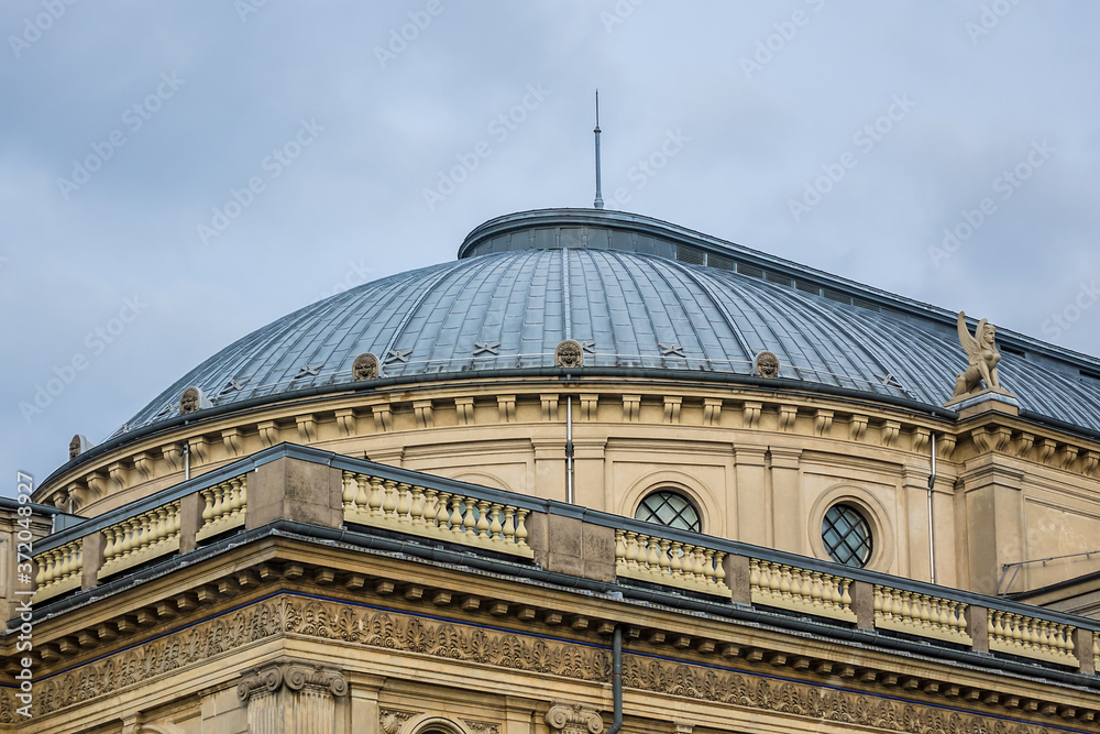 Fragments of the building of the Royal Danish Theatre (Det Kongelige Teater, built in 1874) at Kongens Nytorv, Copenhagen, Denmark. Royal Danish Theatre founded in 1748. 