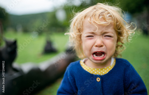 Portrait of small girl outdoors in garden, crying. Fototapet