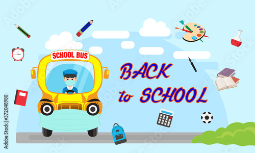 Yellow School Bus on the Road. Back to school. School Poster. Vector illustration for web and print.