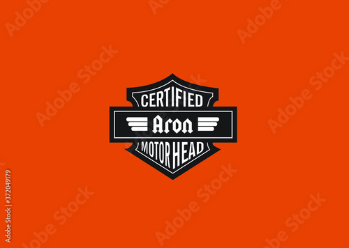 Aron Name Art Motor Head Theme Design Black and White Emblem with Orange Background uniquely personalized Illustration 