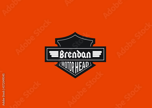 Brendan Name Art Motor Head Theme Design Black and White Emblem with Orange Background uniquely personalized Illustration 