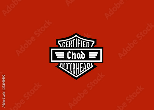 Chad Name Art Motor Head Theme Design Black and White Emblem with Orange Background uniquely personalized Illustration 