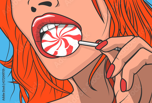 Vector pop art pin up sexy girl with red hair sucking Lollipop isolated on blue background, for poster, loft style