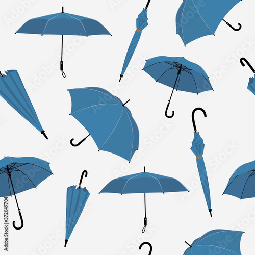Umbrellas set in various shapes.  Blue umbrella seamless pattern. Stick umbrella.