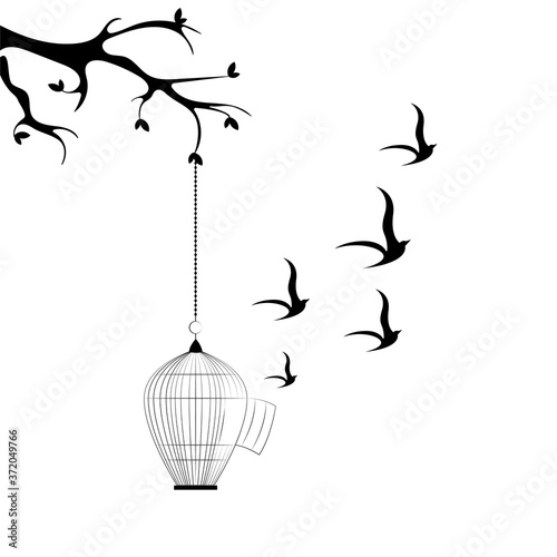 The flight of birds from an open cage hanging from a tree. Freedom vector