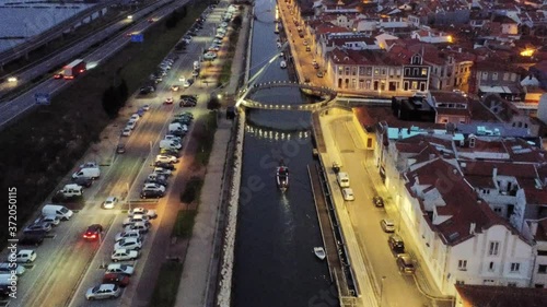 Canal in Aveiro, historical village. The Venice of Portugal. Aerial Drone Footage