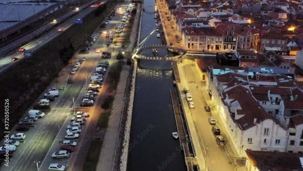 Canal in Aveiro, historical village. The Venice of Portugal. Aerial Drone Footage Canal in Aveiro, historical village. The Venice of Portugal. Aerial Drone Footage