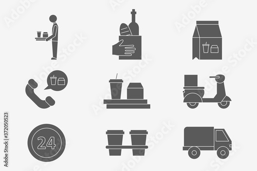 Food delivery Icons set - Vector silhouettes of courier, truck, pizza, transportation, cart, scooter and other for the site or interface