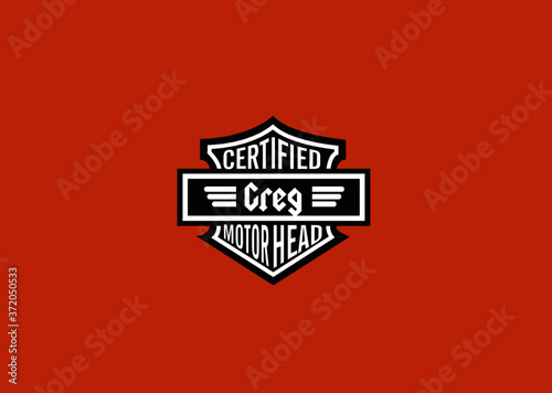 Greg Name Art Motor Head Theme Design Black and White Emblem with Orange Background uniquely personalized Illustration 
