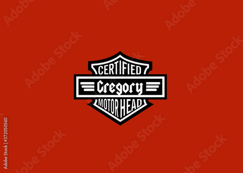 Gregory Name Art Motor Head Theme Design Black and White Emblem with Orange Background uniquely personalized Illustration 