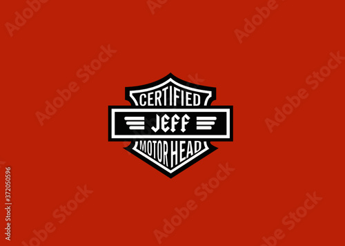 Jeff Name Art Motor Head Theme Design Black and White Emblem with Orange Background uniquely personalized Illustration 
