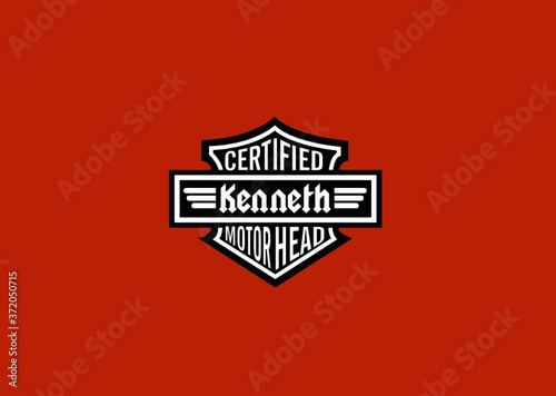 Kenneth Name Art Motor Head Theme Design Black and White Emblem with Orange Background uniquely personalized Illustration 