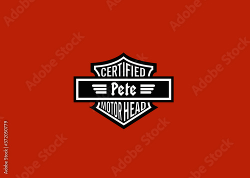 Pete Name Art Motor Head Theme Design Black and White Emblem with Orange Background uniquely personalized Illustration 