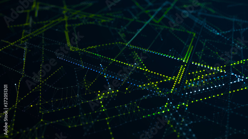 Connecting dots and lines with futuristic green network . 3d rendering. © Nazar