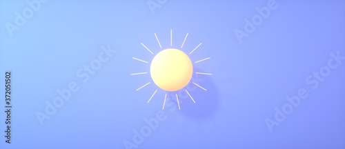 Stylized yellow bright isolated sun icon on pastel blue background. 3d clear weather concept, summer vacations. with copy space. 3d rendering