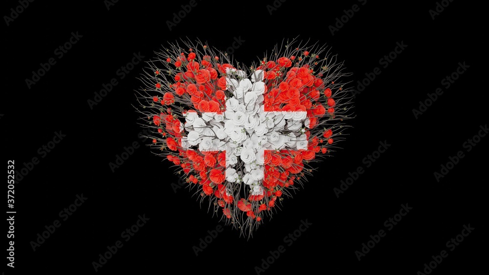National Holiday Switzerland. 1 August. Heart shape made out of flowers on black background. National Holiday Switzerland. 1 August. Heart shape made out of flowers on black background.