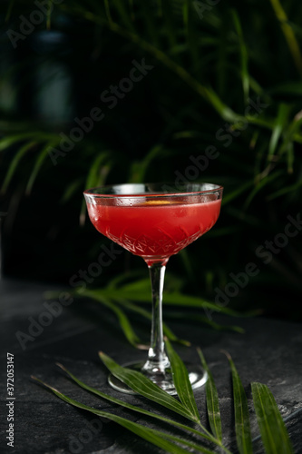 Cocktail drink on a old stone board. Alcoholic beverage with tropical fruits red pepper herb and ice. cocktail in glass on black background. Copyspace. Close up of glass of cocktail 