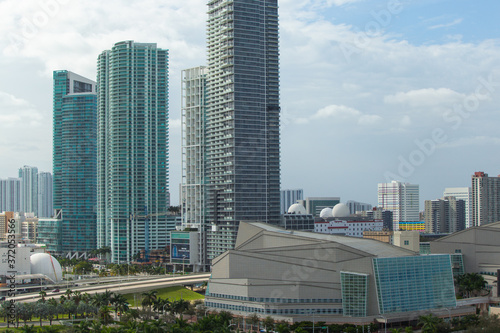views of downtown Miami and port of miami overlooking the bay and marina of biscayne bay from a building in miami florida  