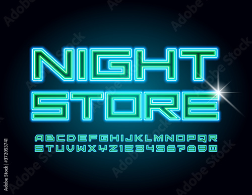 Vector trendy concept Night Store. Neon Blue and Green Font. Electric techno style Alphabet Letters and Numbers